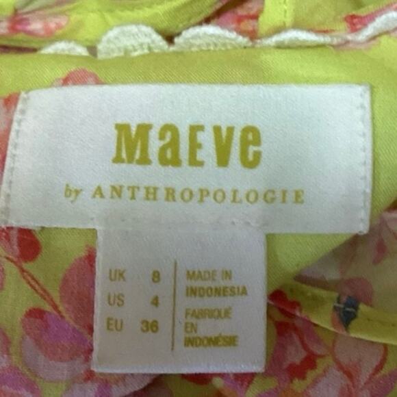 Anthropologie Maeve Yellow Pink Floral Ruffle Deep V Button Up Blouse Top Sz 4 - Picture 4 of 5